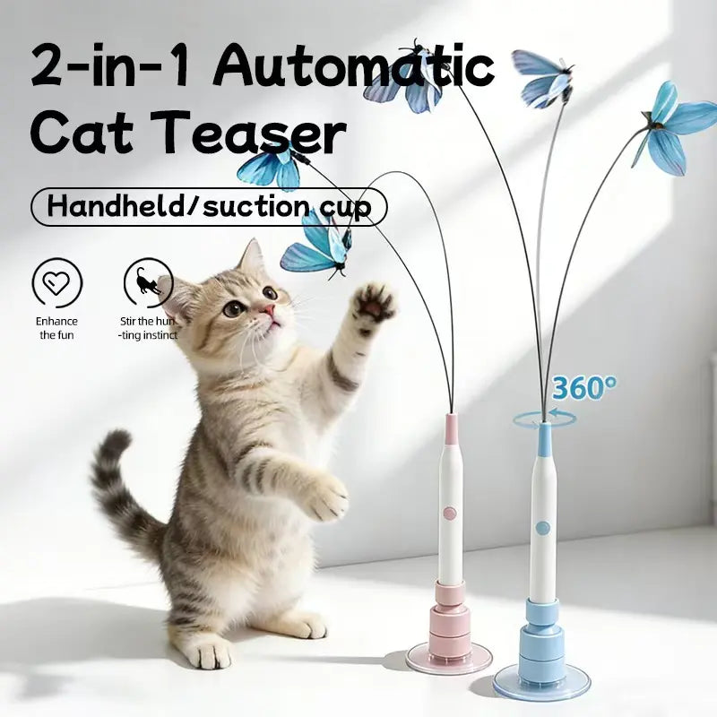 Interactive Butterfly Wand Cat Toy – USB Rechargeable, Auto Spin & Jump with Trigger Sensor, Dual Play Modes (Self-Play & Handheld), Suction Cup Mount – Fun for Indoor Cats & Kittens, Keeps Cats Active