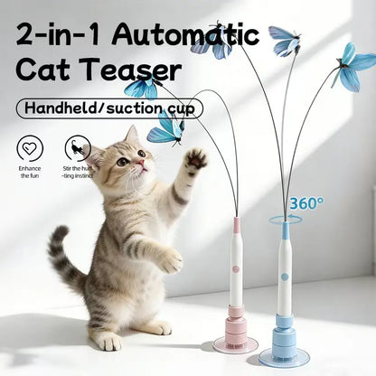Interactive Butterfly Wand Cat Toy – USB Rechargeable, Auto Spin & Jump with Trigger Sensor, Dual Play Modes (Self-Play & Handheld), Suction Cup Mount – Fun for Indoor Cats & Kittens, Keeps Cats Active