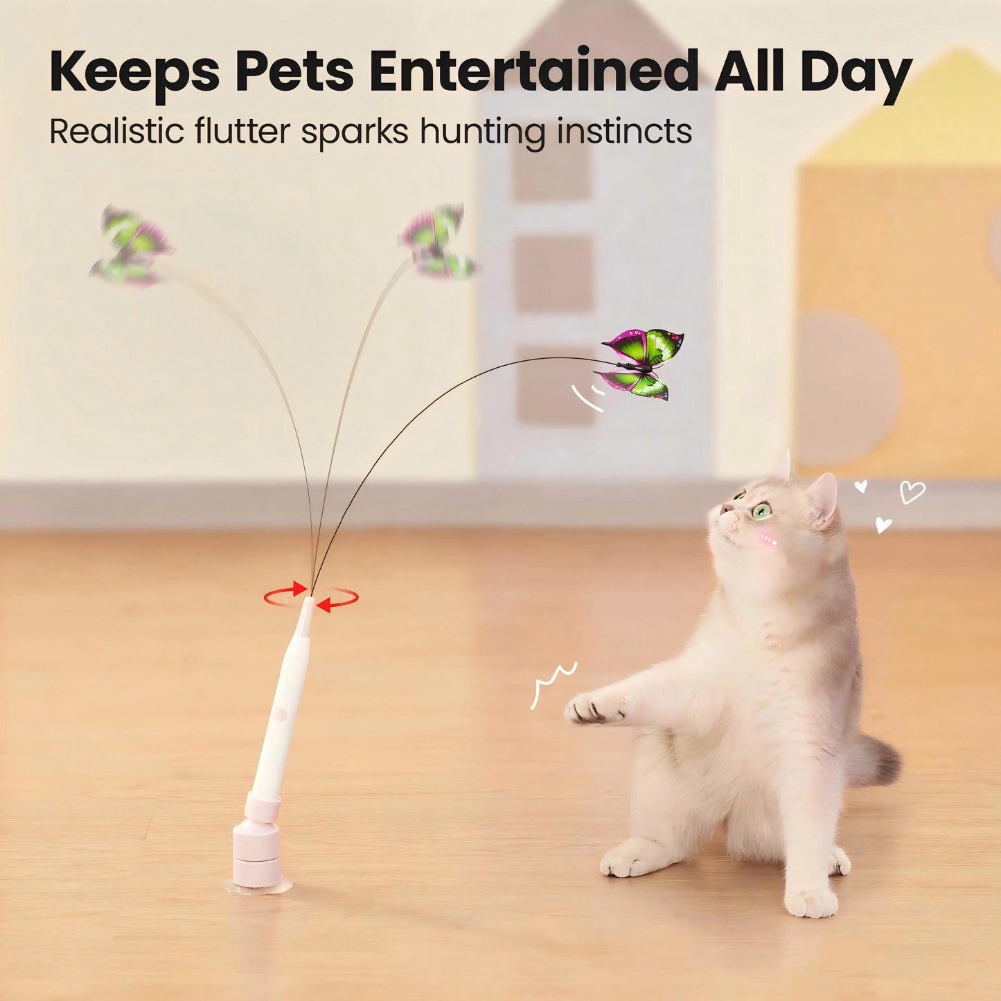 Interactive Butterfly Wand Cat Toy – USB Rechargeable, Auto Spin & Jump with Trigger Sensor, Dual Play Modes (Self-Play & Handheld), Suction Cup Mount – Fun for Indoor Cats & Kittens, Keeps Cats Active
