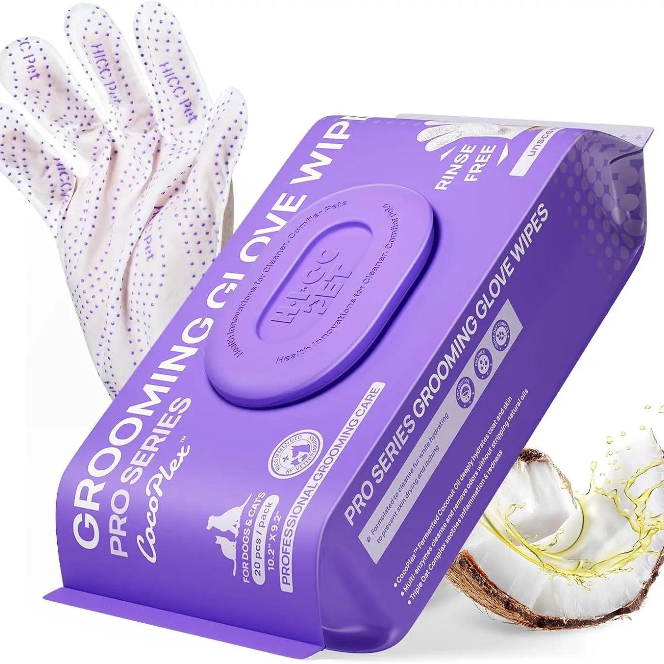 HICC PET 20Pcs Dog Grooming Wipes - No-Rinse Hypoallergenic Glove Wipes with Fermented Oils for Hair Removal, Deodorizing, Skin Hydration, Bath-Free Dog Grooming
