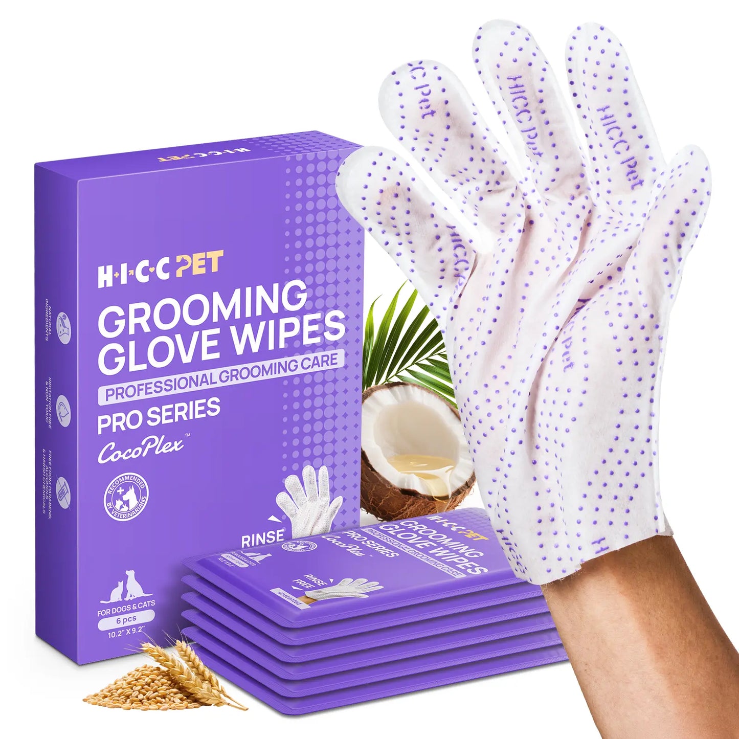 HICC PET 20Pcs Dog Grooming Wipes - No-Rinse Hypoallergenic Glove Wipes with Fermented Oils for Hair Removal, Deodorizing, Skin Hydration, Bath-Free Dog Grooming
