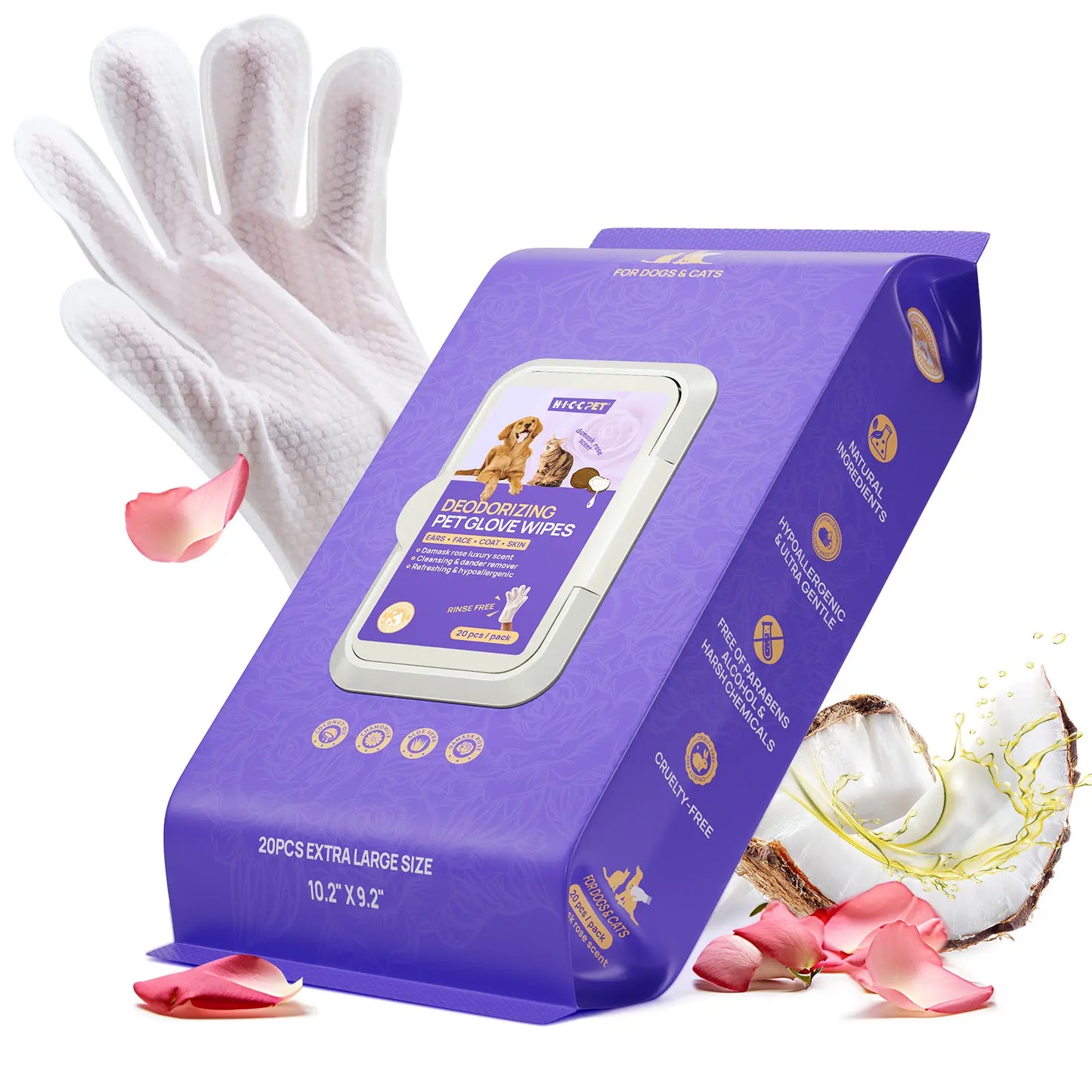 HICC PET 20Pcs Dog Grooming Wipes - No-Rinse Hypoallergenic Glove Wipes with Fermented Oils for Hair Removal, Deodorizing, Skin Hydration, Bath-Free Dog Grooming