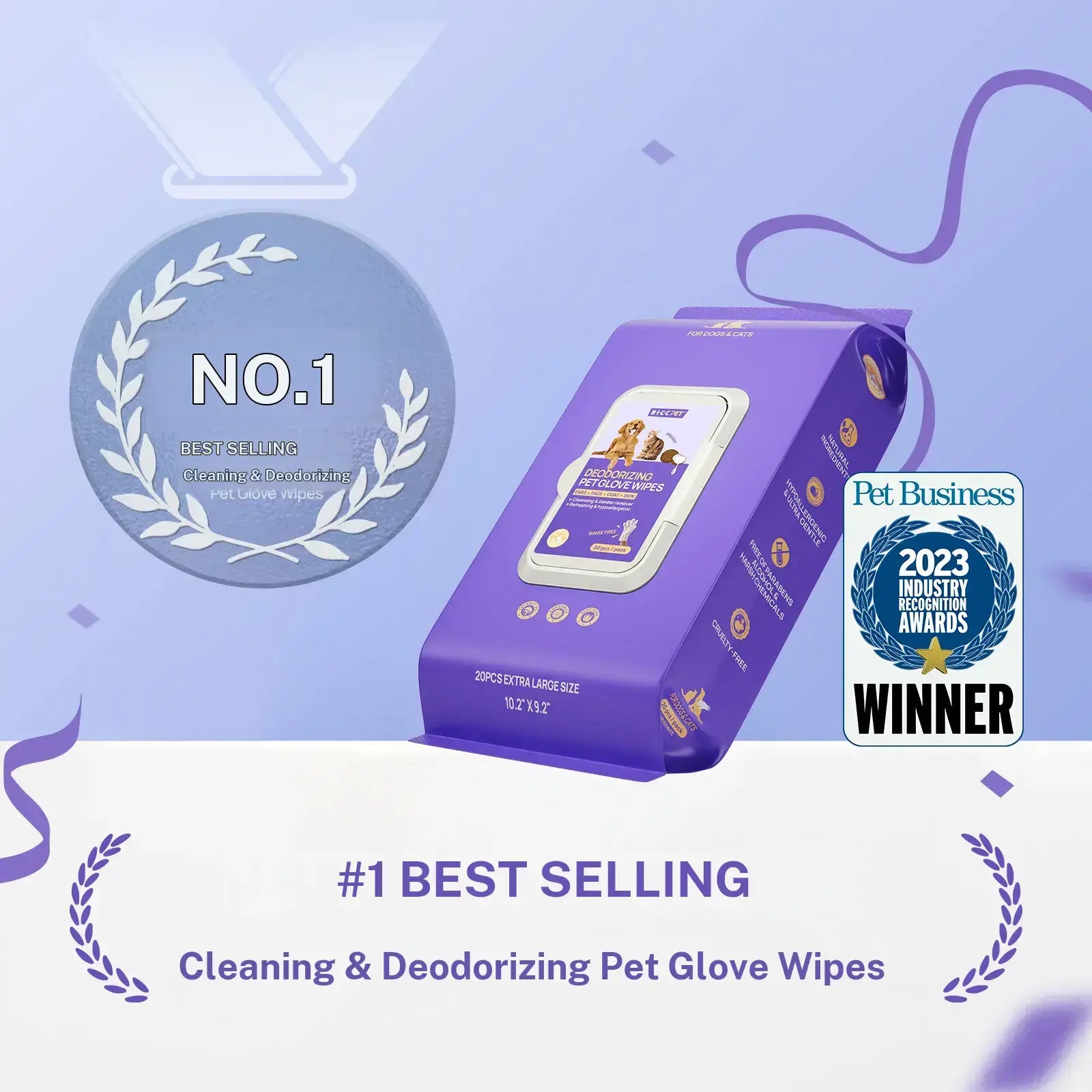 HICC PET 20Pcs Dog Grooming Wipes - No-Rinse Hypoallergenic Glove Wipes with Fermented Oils for Hair Removal, Deodorizing, Skin Hydration, Bath-Free Dog Grooming