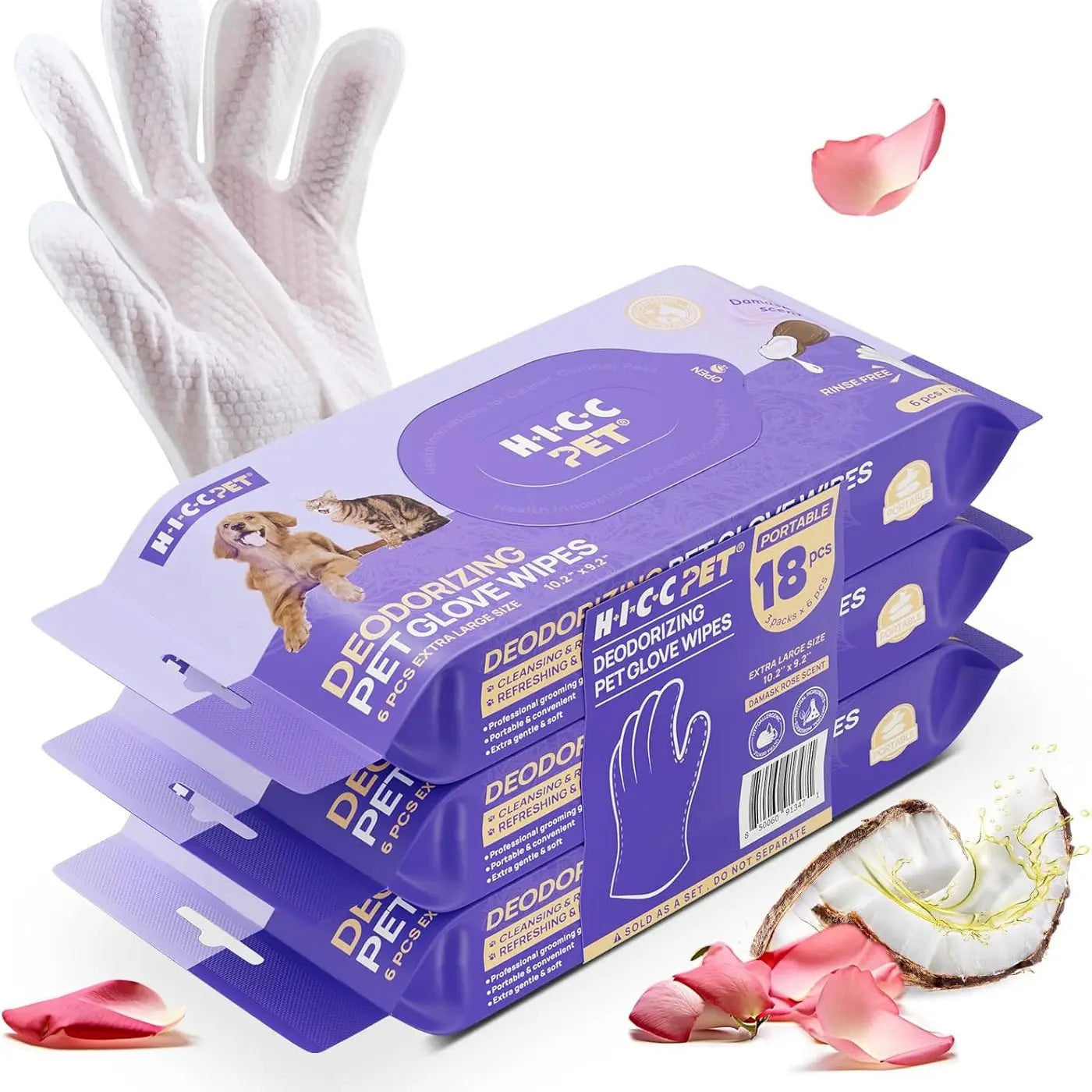 HICC PET 20Pcs Dog Grooming Wipes - No-Rinse Hypoallergenic Glove Wipes with Fermented Oils for Hair Removal, Deodorizing, Skin Hydration, Bath-Free Dog Grooming
