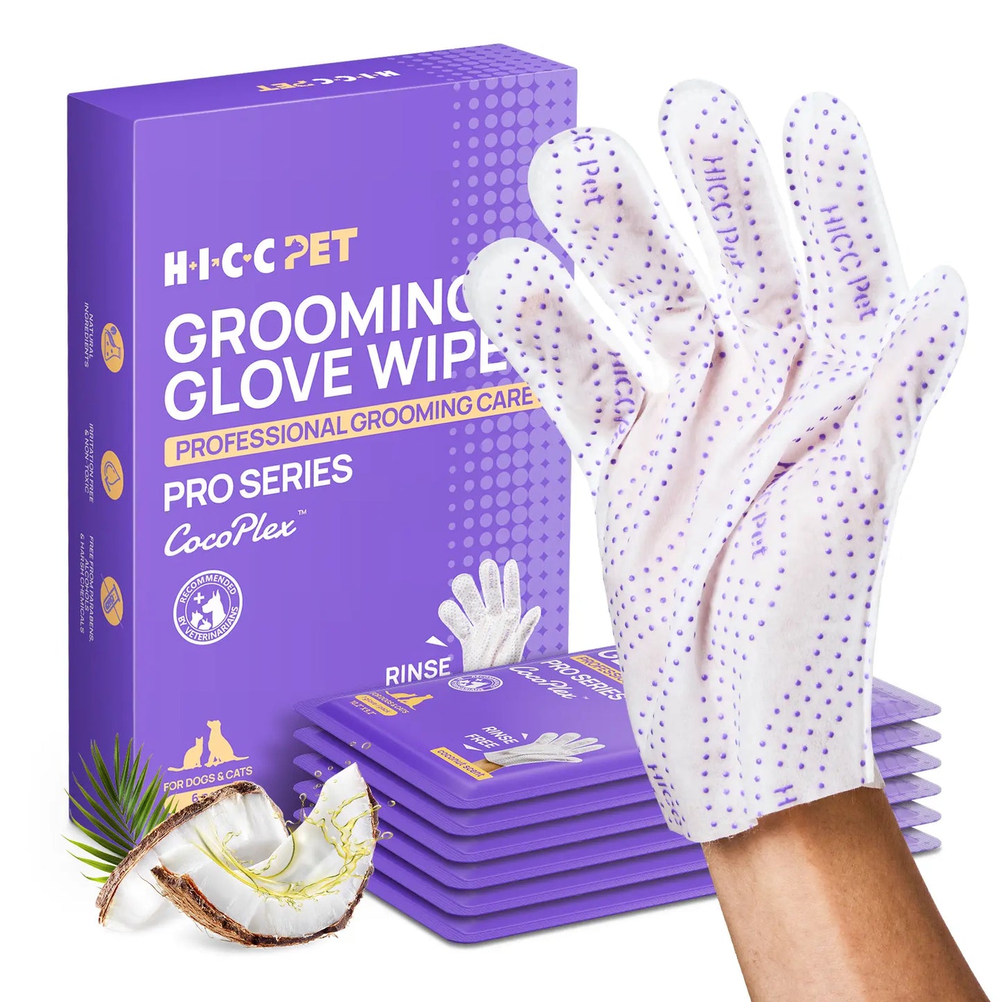 HICC PET 20Pcs Dog Grooming Wipes - No-Rinse Hypoallergenic Glove Wipes with Fermented Oils for Hair Removal, Deodorizing, Skin Hydration, Bath-Free Dog Grooming