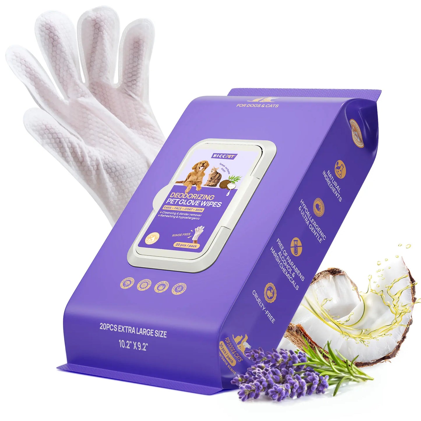 HICC PET 20Pcs Dog Grooming Wipes - No-Rinse Hypoallergenic Glove Wipes with Fermented Oils for Hair Removal, Deodorizing, Skin Hydration, Bath-Free Dog Grooming