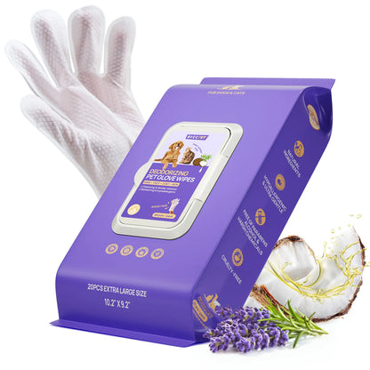 HICC PET 20Pcs Dog Grooming Wipes - No-Rinse Hypoallergenic Glove Wipes with Fermented Oils for Hair Removal, Deodorizing, Skin Hydration, Bath-Free Dog Grooming