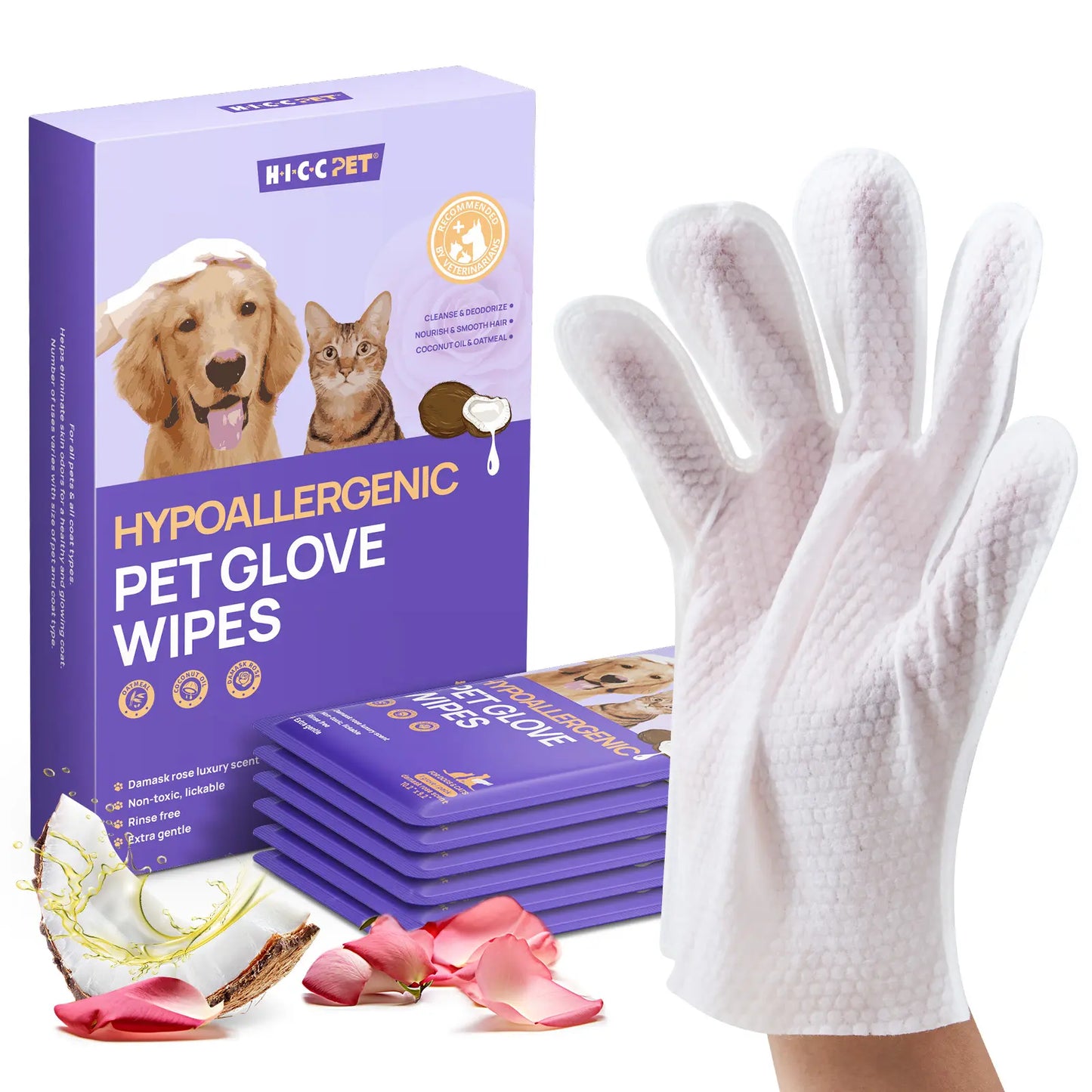 HICC PET 20Pcs Dog Grooming Wipes - No-Rinse Hypoallergenic Glove Wipes with Fermented Oils for Hair Removal, Deodorizing, Skin Hydration, Bath-Free Dog Grooming