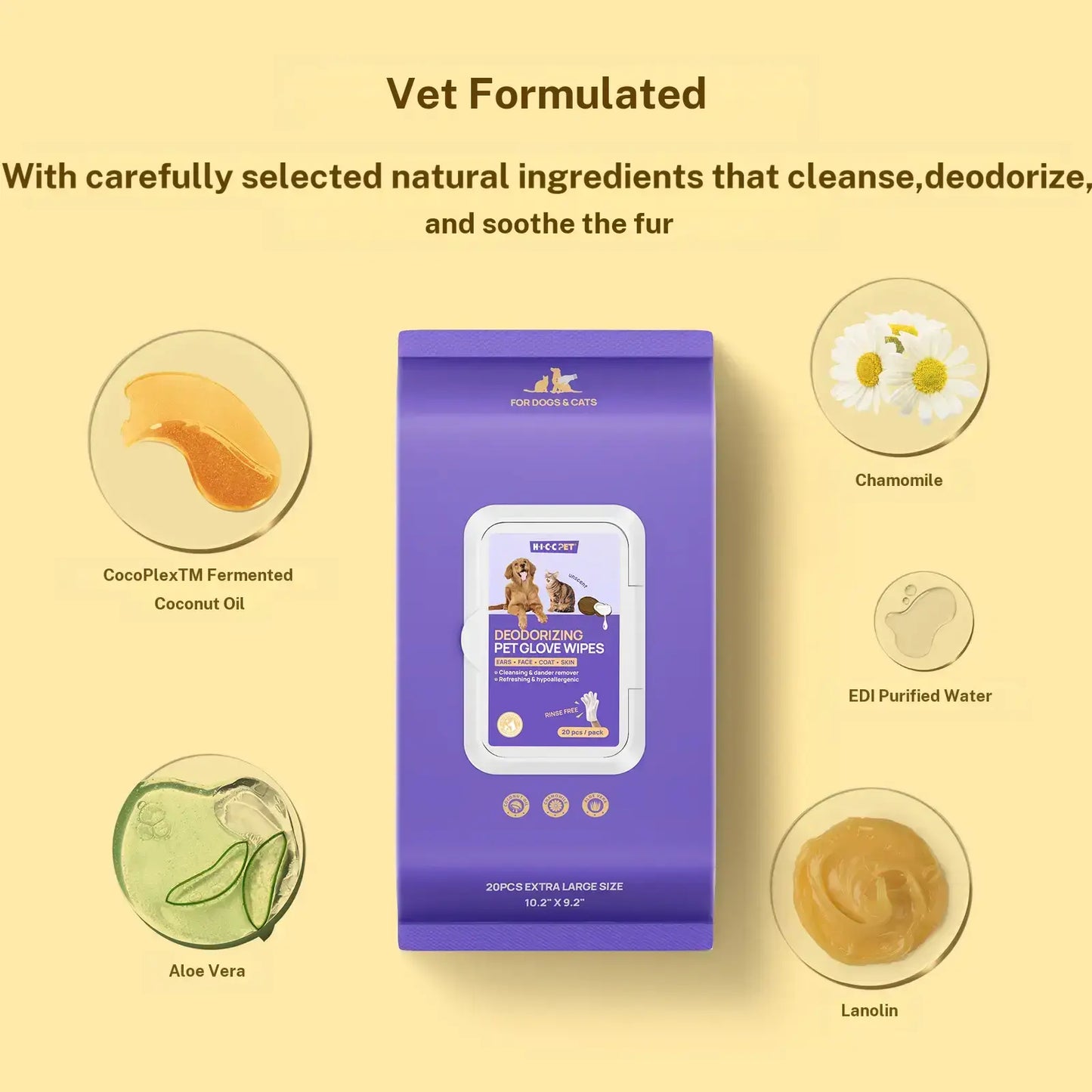 HICC PET 20Pcs Dog Grooming Wipes - No-Rinse Hypoallergenic Glove Wipes with Fermented Oils for Hair Removal, Deodorizing, Skin Hydration, Bath-Free Dog Grooming