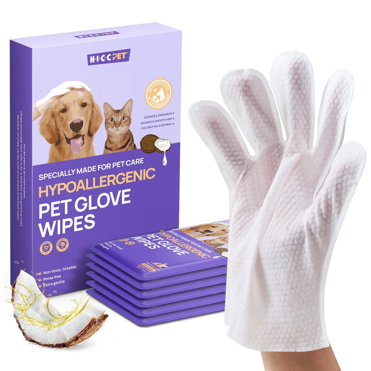 HICC PET 20Pcs Dog Grooming Wipes - No-Rinse Hypoallergenic Glove Wipes with Fermented Oils for Hair Removal, Deodorizing, Skin Hydration, Bath-Free Dog Grooming