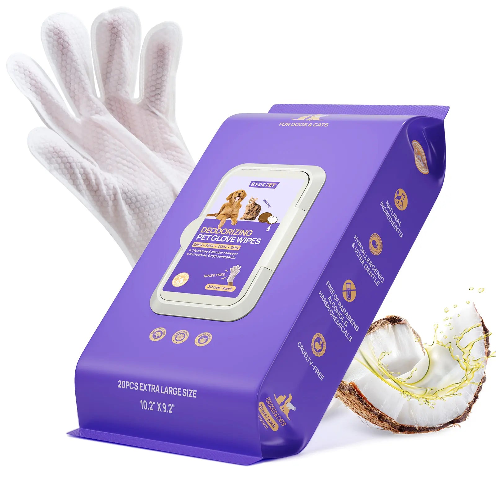 HICC PET 20Pcs Dog Grooming Wipes - No-Rinse Hypoallergenic Glove Wipes with Fermented Oils for Hair Removal, Deodorizing, Skin Hydration, Bath-Free Dog Grooming