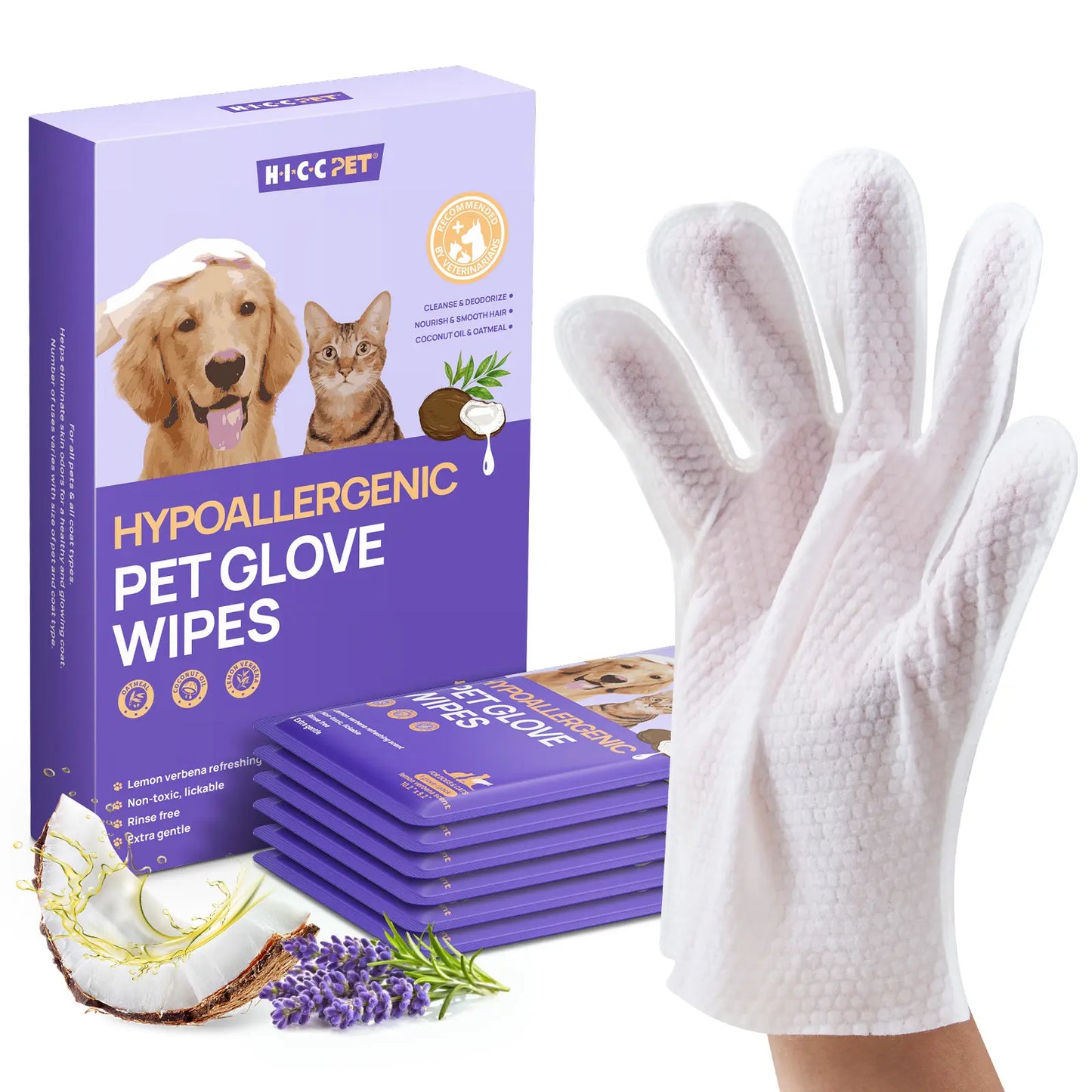 HICC PET 20Pcs Dog Grooming Wipes - No-Rinse Hypoallergenic Glove Wipes with Fermented Oils for Hair Removal, Deodorizing, Skin Hydration, Bath-Free Dog Grooming