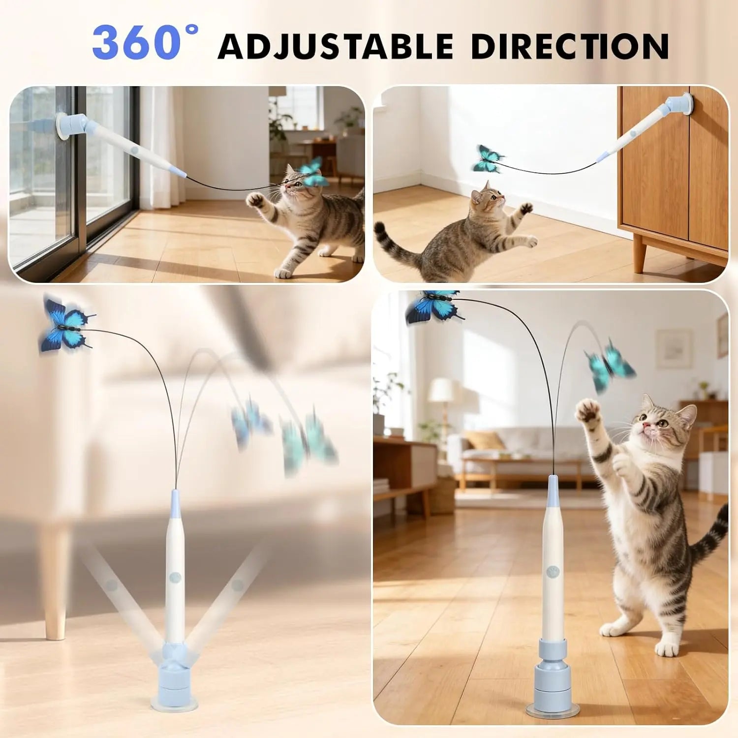 Interactive Butterfly Wand Cat Toy – USB Rechargeable, Auto Spin & Jump with Trigger Sensor, Dual Play Modes (Self-Play & Handheld), Suction Cup Mount – Fun for Indoor Cats & Kittens, Keeps Cats Active