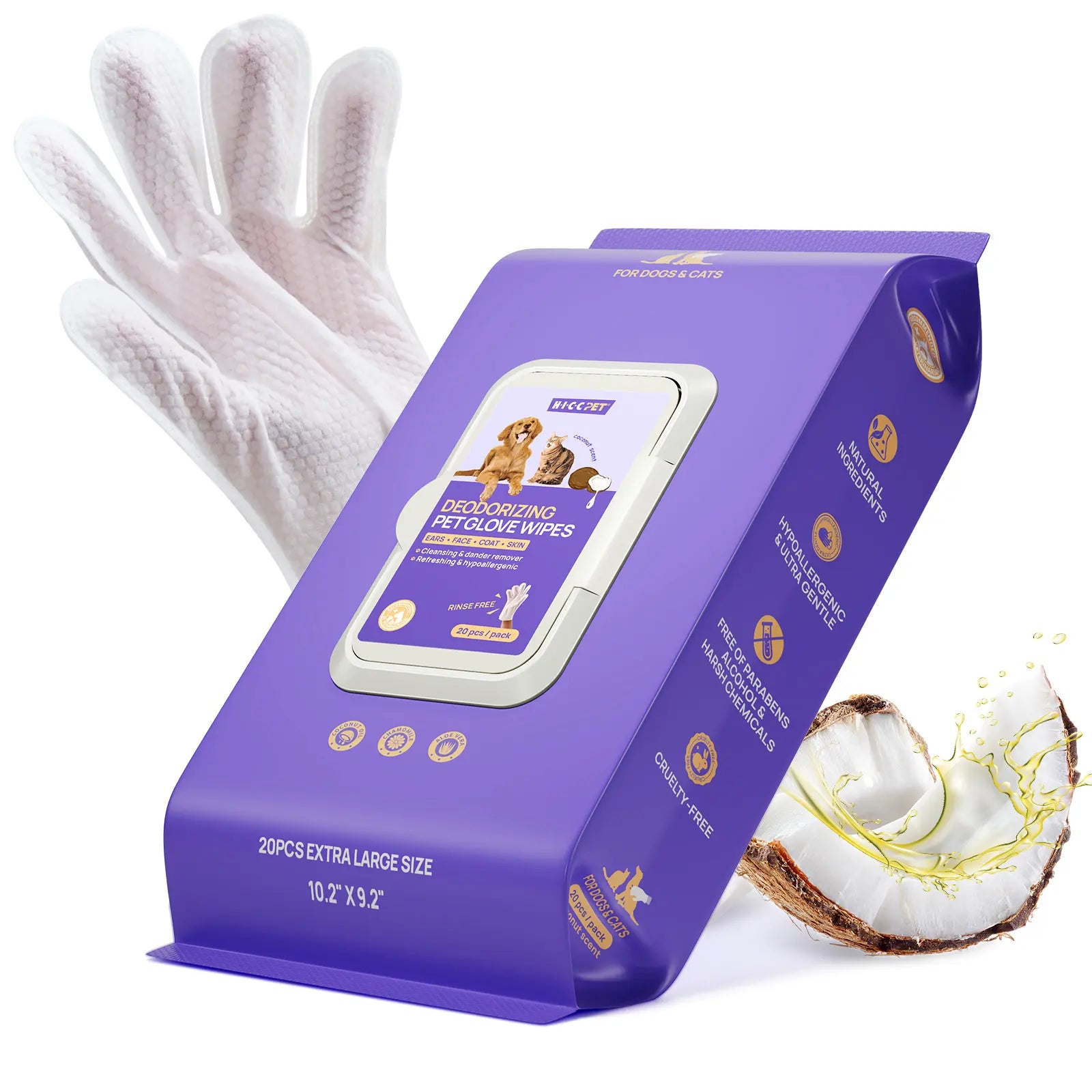 HICC PET 20Pcs Dog Grooming Wipes - No-Rinse Hypoallergenic Glove Wipes with Fermented Oils for Hair Removal, Deodorizing, Skin Hydration, Bath-Free Dog Grooming