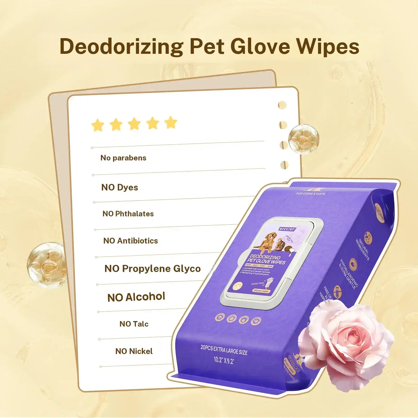 HICC PET 20Pcs Dog Grooming Wipes - No-Rinse Hypoallergenic Glove Wipes with Fermented Oils for Hair Removal, Deodorizing, Skin Hydration, Bath-Free Dog Grooming